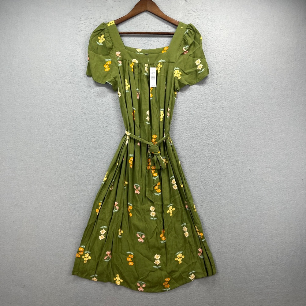 LOFT Outlet Dress Women S Green Floral Square Neck Short Sleeve Midi Belted Boho